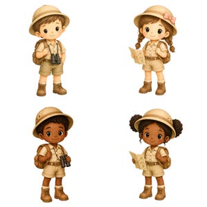 May include: Four cartoon illustrations of children dressed as explorers. Each child wears a khaki safari outfit, a hat, and boots. Two children hold binoculars, and two hold maps. They each have a backpack.