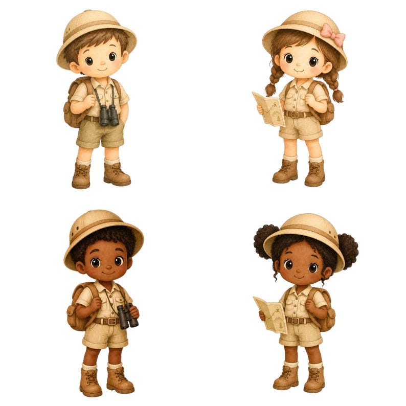 May include: Four cartoon illustrations of children dressed as explorers. Each child wears a khaki safari outfit, a hat, and boots. Two children hold binoculars, and two hold maps. They each have a backpack.
