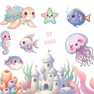 かわいい海の動物の水彩画クリップアート – 37種類のPNG海の生き物と要素、海中水彩画バンドル、子供部屋アート、昇華