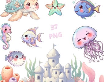 Cute Sea Animals Watercolor Clipart – 37 PNG Ocean Creatures & Elements, Under the Sea Watercolor Bundle, Kids Nursery Art, Sublimation