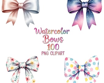 Watercolor Bows Clipart – 100 Soft Pastel Bows PNG, Cute Ribbon Clipart Set, Printable Bow Graphics for Cards, Sublimation & Design