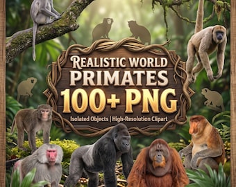 Realistische wereldprimaten 100+ PNG-clipart, apenbundel, mensapen en lemuren, tropische dieren, jungledieren sublimatie
