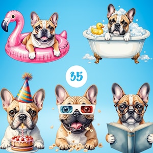 Französische Bulldogge Clipart - 35 süße Aquarell Frenchie Hund PNGs für Aufkleber, Drucke & Sublimation
