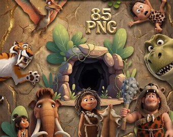Paquete de imágenes prediseñadas prehistóricas: 85 imágenes PNG de cavernícolas y dinosaurios, adorables ilustraciones de dibujos animados de la Edad de Piedra, fondo transparente, descarga digital