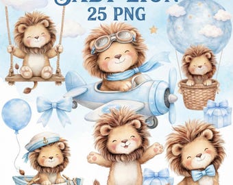 Baby Lion Clipart Bundle 25 PNG, Watercolor Lion Cub PNG, Nursery Safari Animals, Cute Lion Illustration Set, Kids Birthday Clipart