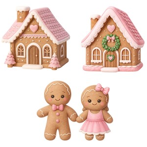 May include: Watercolor illustration of two gingerbread houses with pink roofs and decorative icing. Below are two gingerbread people, a boy with a bow tie and a girl in a pink dress, holding hands. The image has a festive, holiday theme.
