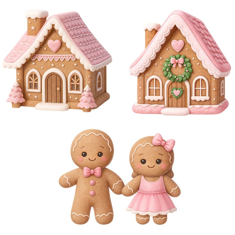 May include: Watercolor illustration of two gingerbread houses with pink roofs and decorative icing. Below are two gingerbread people, a boy with a bow tie and a girl in a pink dress, holding hands. The image has a festive, holiday theme.
