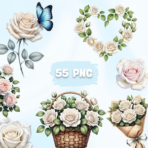 White Roses Clipart – 55 Elegant Floral PNGs, Watercolor Rose Bouquets, Wreaths Blossoms for Wedding  Romantic Design