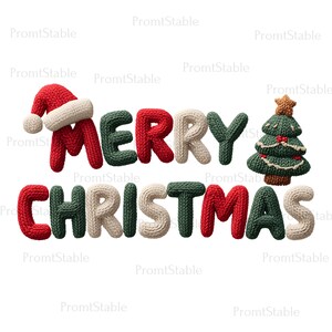 May include: A festive Christmas design featuring the words "MERRY CHRISTMAS" in a knitted style. The letters are red, green, and cream, with a Santa hat and Christmas tree accenting the text. The design is set against a white background.