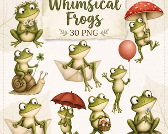 Whimsical Frogs Clipart 30 PNG, Cute Funny Frog Bundle, Watercolor Frog Characters, Cottagecore Woodland Animals