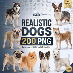 Realistiska hundraser 200 PNG-paket | 200 olika hundklipp | Husdjurs- och valpillustrationer | Transparent bakgrund