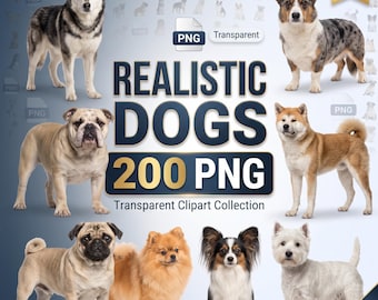 Realistic Dog Breeds 200 PNG Bundle | 200 Different Dogs Clipart | Pet & Puppy Illustrations | Transparent Background