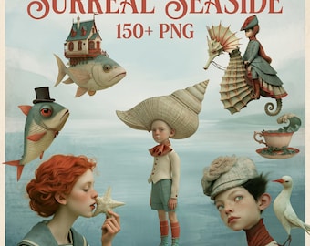 Surreal Seaside Clipart 150+ PNG | Whimsical Victorian Coastal Characters, Sea Animals & Decor | Dreamlike Storybook Art Bundle