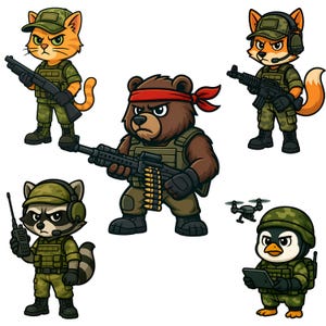 Cute Animal Soldiers Clipart – 10 Cartoon Military Animals PNG – Cute Combat Characters, 4096x4096, Commercial Use