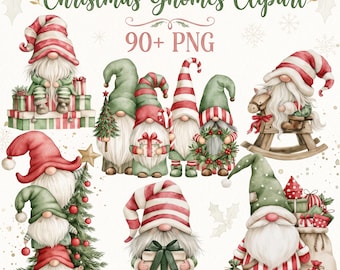 Christmas Gnomes Clipart 90+ PNG | Watercolor Holiday Gnomes, Snowman, Christmas Tree & Decor | Cute Xmas Digital Download