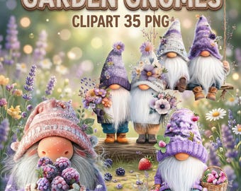 Scandinavische kabouter clipartbundel – 35 png-aquarel tuinkabouters, bloemen en bessenkabouters, afdrukbare png/jpg-set