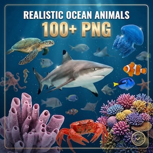 Puede incluir: Una colección digital titulada REALISTIC OCEAN ANIMALS 100+ PNG que muestra un tiburón, una tortuga marina, una medusa, un cangrejo, un pez payaso, un pez cirujano y varios arrecifes de coral sobre un fondo azul submarino.