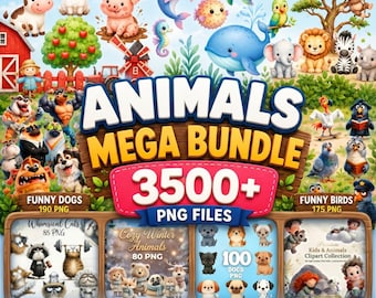 Animals Mega Bundle 3500+ PNG, Farm Animals, Safari, Woodland, Ocean, Cats, Dogs, Dragons