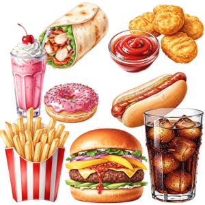 Fast Food Aquarell Clipart - 40 PNG Illustrationen – Burger, Pizza, Pommes, Hot Dog
