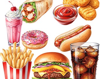 Fast Food Akwarela Clipart – 40 PNG Ilustracje – Burger, Pizza, Frytki, Hot Dog