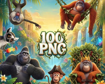 Funny 3D Monkeys Clipart – 100 PNG Cartoon Animals Bundle, Cute Jungle Characters, Digital Stickers, Kids Party Art, Sublimation