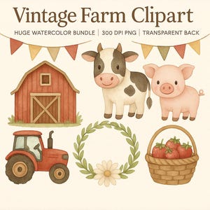 Pacchetto Clipart Acquerello Fattoria - 50 Simpatici Animali, Fienile, Trattore, Fiori e Recinzione PNG / Set Villaggio Rustico per Decorazioni per Bambini Stampe Sublimazione