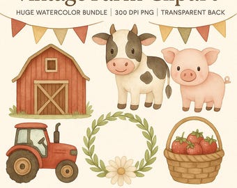 Farm Watercolor Clipart Bundle – 50 Cute Animals, Barn, Tractor, Flowers & Fence PNG | Rustic Village Set for Kids Decor Prints Sublimation