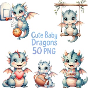 Clipart di adorabili cuccioli di drago - 50 adorabili PNG per feste, set di draghi acquerellati, disegni di draghi stampabili, pacchetto festa di draghi