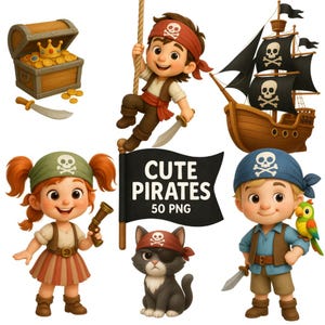 Cute Pirates Clipart – 50 Adorable Pirate Characters PNG, Cartoon Pirate Kids, Pirate Clipart Set, Printable Pirates, Pirate Bundle