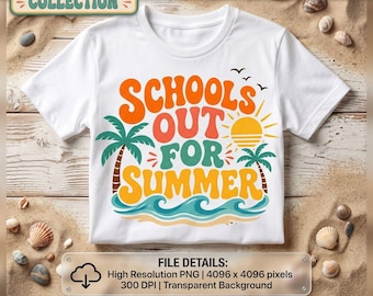 Scholen klaar voor zomer, png PNGEgg | Retro Beach Vibes-ontwerp | Shirtontwerp laatste schooldag | Zomervakantie sublimatie | Direct downloaden