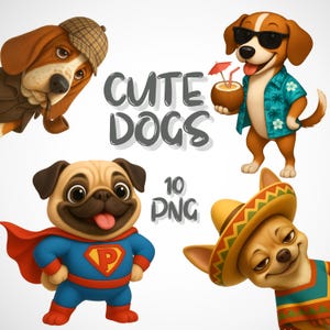 Cute Dogs Bundle,Clipart Adorable Puppy PNG, Cartoon Dog,10 High-Quality Images, Baby Animals,Digital Paper Crafts,Commercial Use
