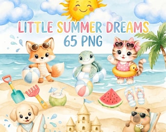 Cute Beach Animals Clipart 65 PNG – Watercolor Summer Vacation Bundle, Coastal Nursery Decor