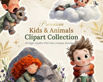 Kids Clipart PNG Bundle – Girls, Boys & Animals 40 Whimsical Nursery PNGs (Digital Download)