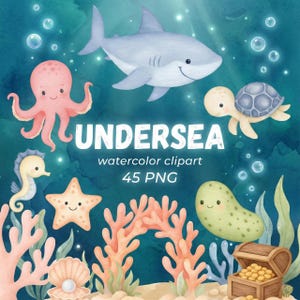 Watercolor Undersea Clipart 45 PNG, Cute Ocean Animals PNG, Nursery Wall Art, Baby Shower Decor, Whale Octopus Jellyfish Set. Sea Animals