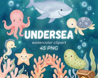 Watercolor Undersea Clipart 45 PNG, Cute Ocean Animals PNG, Nursery Wall Art, Baby Shower Decor, Whale Octopus Jellyfish Set. Sea Animals
