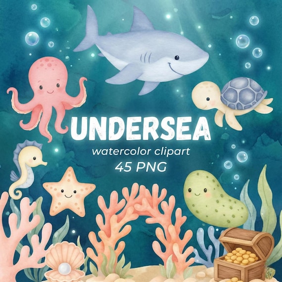 Watercolor Undersea Clipart 45 PNG, Cute Ocean Animals PNG, Nursery Wall Art, Baby Shower Decor, Whale Octopus Jellyfish Set. Sea Animals