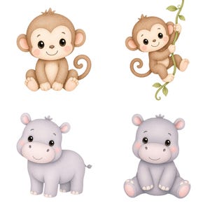 May include: Watercolor illustrations of four adorable baby animals: two monkeys and two hippos. The monkeys are brown with pink accents, one sitting and one hanging from a vine. The hippos are gray with pink accents, one standing and one sitting.