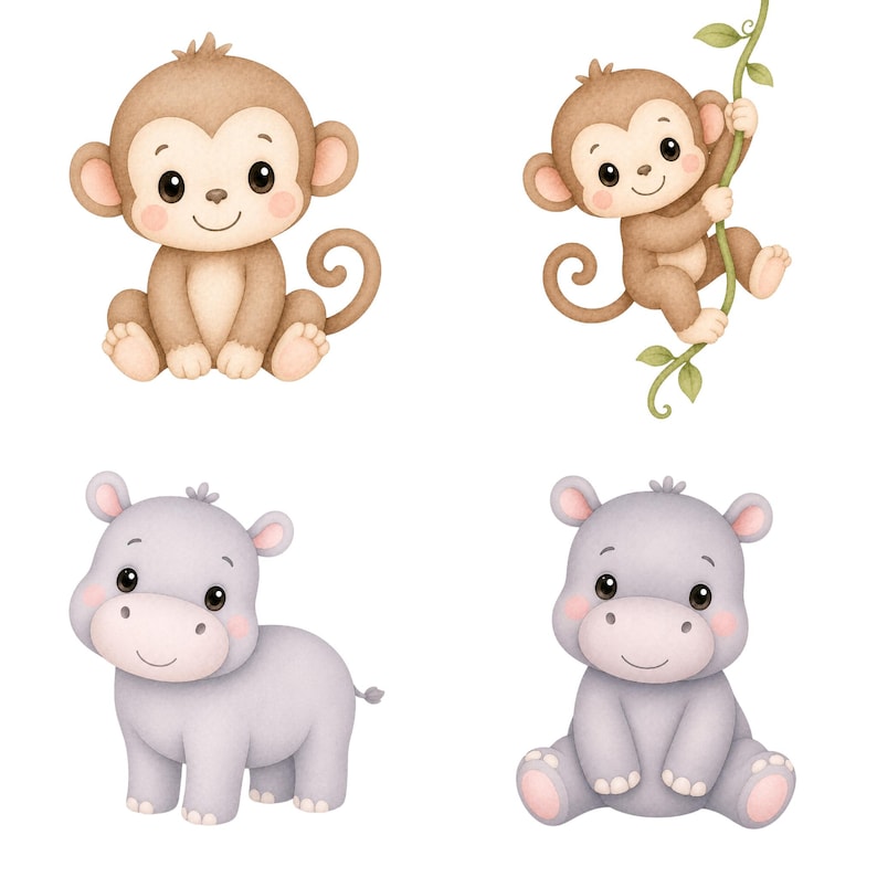 May include: Watercolor illustrations of four adorable baby animals: two monkeys and two hippos. The monkeys are brown with pink accents, one sitting and one hanging from a vine. The hippos are gray with pink accents, one standing and one sitting.