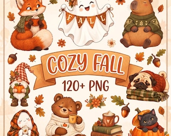 Cozy Autumn Fall Clipart Bundle 120+ PNG | Cute Pumpkins, Ghosts, Animals, Coffee & Fall Decor | Whimsical Thanksgiving Graphics