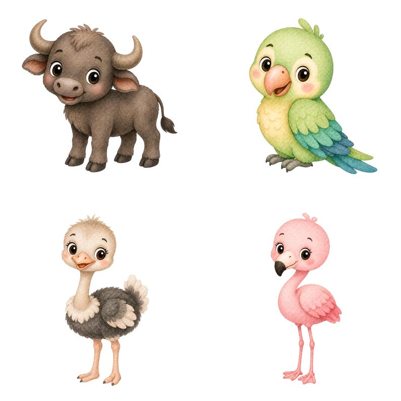 May include: Watercolor illustrations of four adorable animals: a brown buffalo, a green and blue parrot, a gray and white ostrich, and a pink flamingo. Each animal has large, expressive eyes and is depicted in a cute, cartoon style.