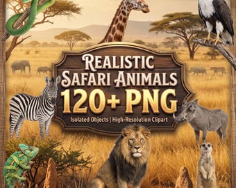 Realistische Afrikaanse safaridieren: meer dan 120 PNG-cliparts, safaridierenbundel, Afrikaanse dieren, savannedieren, reptielen en natuursublimatie