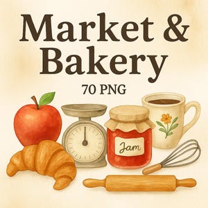 Market & Bakery clipartbundel – 70 aquarel png, rustiek eten illustraties, boerderijkeuken clipart, brood, jam, koffie, etiketten