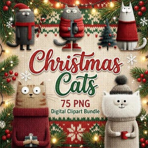 Christmas Cats Clipart Bundle - 75 süsse Winter Katzen PNG | Aquarell Kätzchen, Gemütliche Outfits, Verschneite Feiertagselemente + 18 Hintergründe