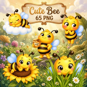 Op de afbeelding: Een digitale illustratie met verschillende cartoonbijen met gele lichamen en zwarte strepen, blauwe vleugels en lachende gezichten. De bijen staan tegen een achtergrond van bloemen en groen, met de tekst "Cute Bee 65 PNG" rechtsboven.