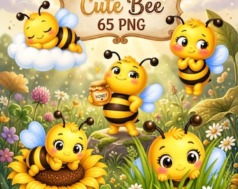 Schattige bij clipartbundel, 65 bij png, kawaii bijillustraties, honingbij karakters, baby bij clipart, commercieel gebruik