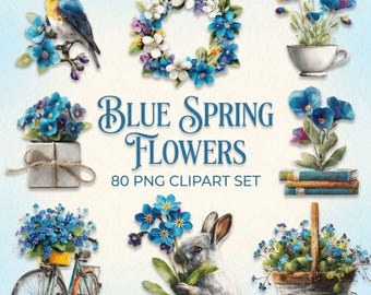 Blauwe lentebloemen clipartbundel, 80 png-bloemenillustraties, blauwe bloemen clipart, botanische bloemen, commercieel gebruik