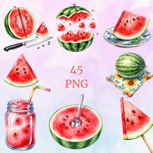 Pode incluir: Ilustração em aquarela de melancias, incluindo fatias, uma melancia inteira e um smoothie de melancia em um frasco. Uma faca e o texto "45 PNG" também são visíveis. As melancias são vermelhas e verdes.