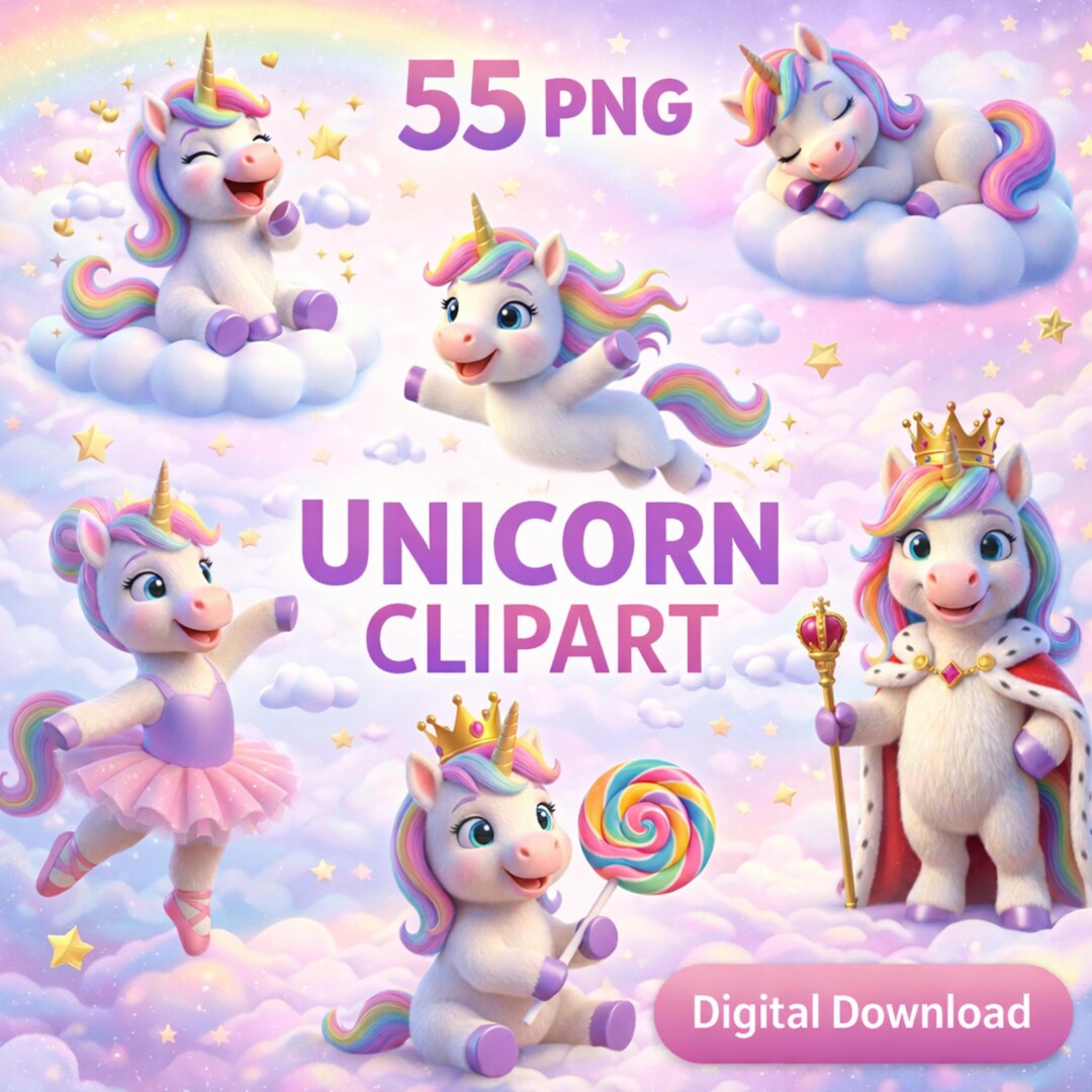 Rainbow Unicorns Clipart Bundle 55 PNG - Etsy