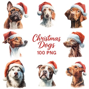Puede incluir: Ilustraciones en acuarela de varias razas de perros con gorros de Papá Noel. La imagen incluye un bulldog francés, un setter, un vizsla, un jack russell terrier, un husky siberiano, un pitbull y un airedale terrier. El texto dice "Christmas Dogs 100 PNG".