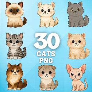 Clipart aquarelle de chats mignons - 30 races adorables PNG, chatons aquarelles, ensemble de cliparts Kitty, chats à imprimer, lot de chats